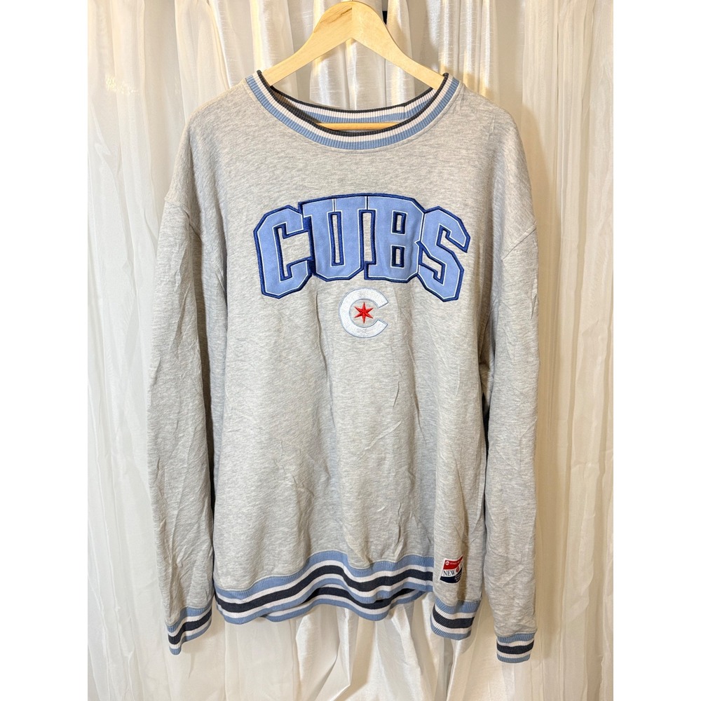 New Era Chicago Cubs Sweatshirt Mens XXL Gray MLB Crewneck Striped Trim